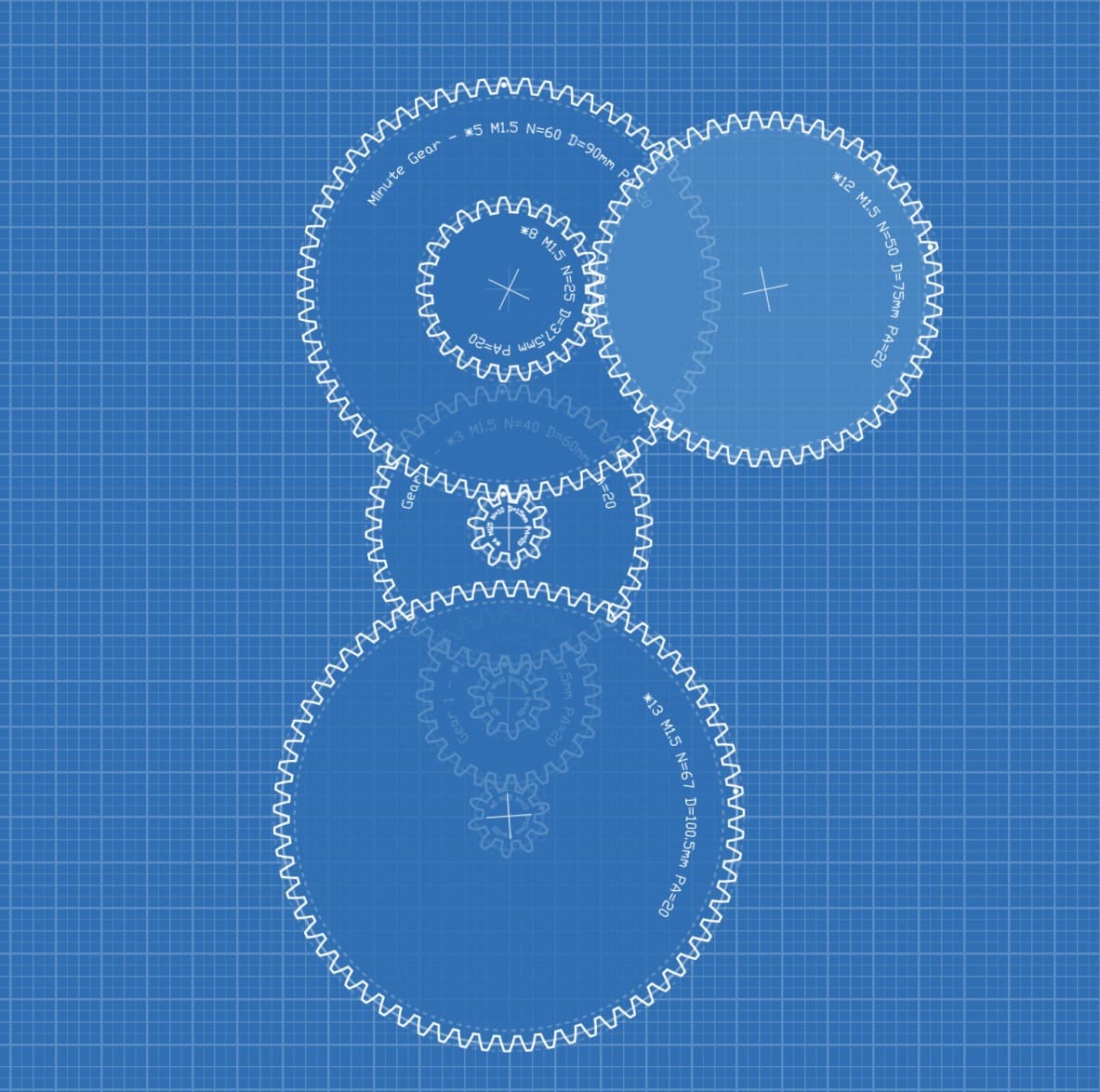 Blueprint layout of the gear train